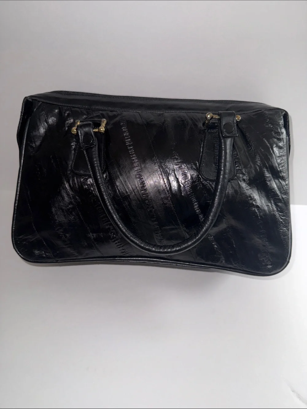 Vintage 80’s Black Eel Leather Accordion Satchel with Gold Hardware